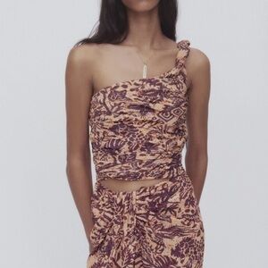 NWOT ZARA Pink Purple Boho Print One Shoulder Asymmetrical Crop Top Size Small